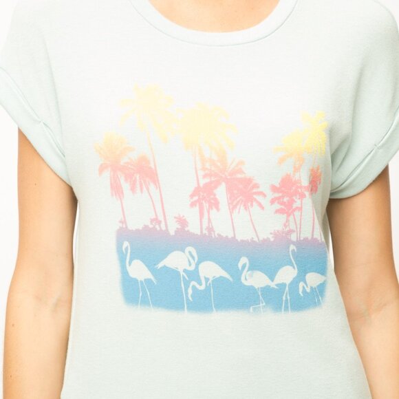 MYSTREE Mint Green Flamingo Graphic Tee, Tropical Palm Tree T-Shirt - Picture 5 of 5